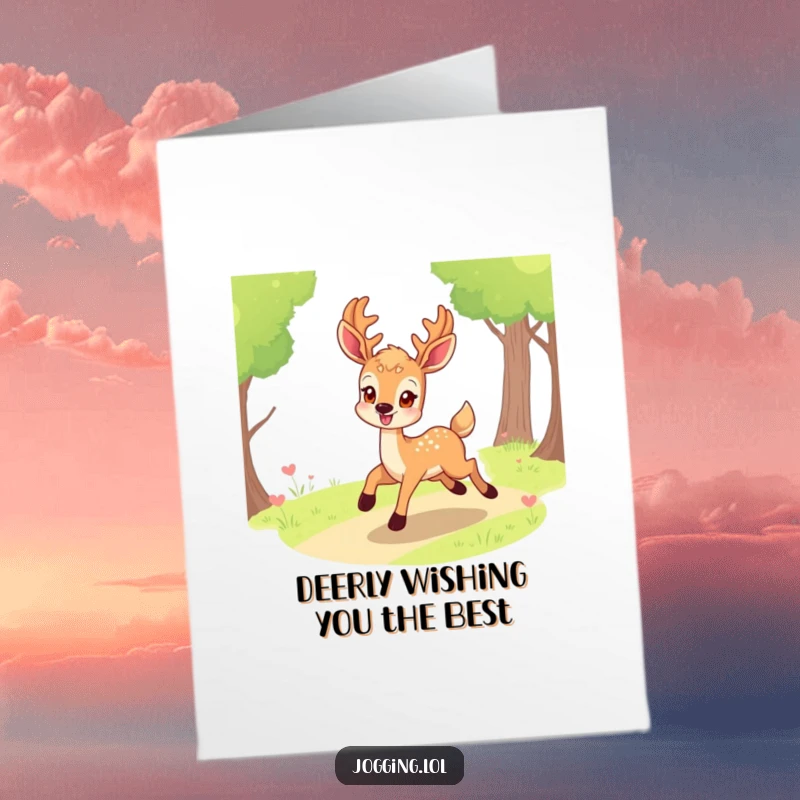 Funny Free Printable Birthday Card: A smiling deer eagerly bounding along a path with pure delight.