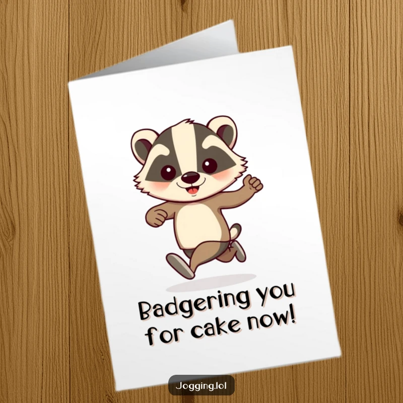 Funny Free Printable Badger Birthday Card featuring a playful badger jogger with enthusiastically pumping arms.