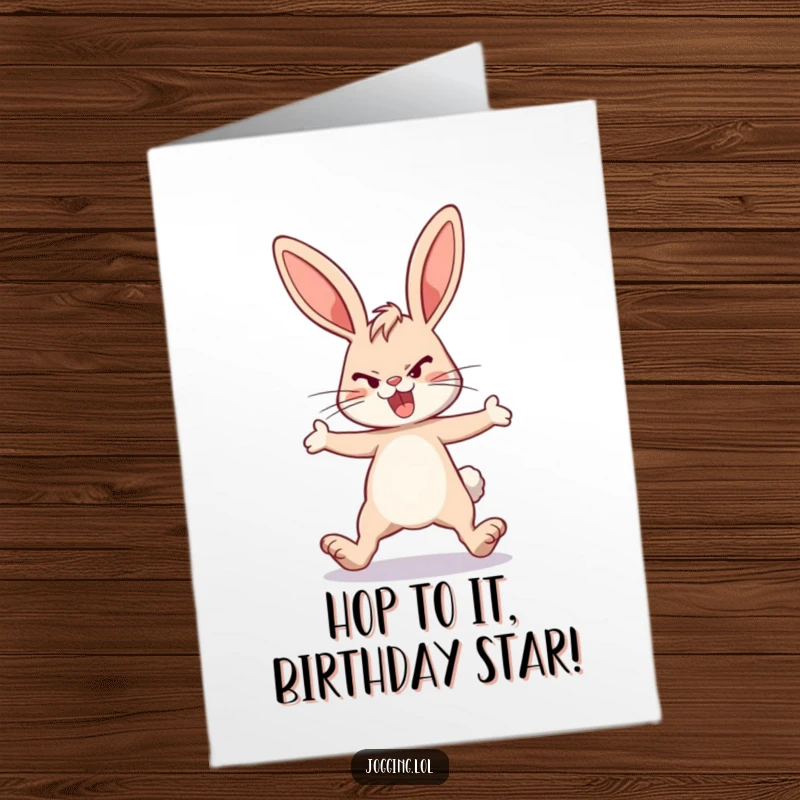 Funny Free Printable Birthday Card: Energetic bunny rabbit with legs extended, determined to celebrate your birthday.
