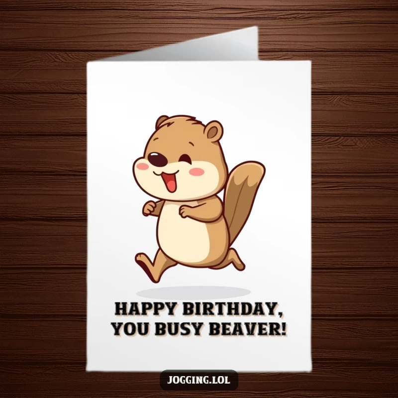 Funny Free Printable Birthday Card featuring a busy beaver runner with rhythmic leg movements, a hardworking downloadable gift.