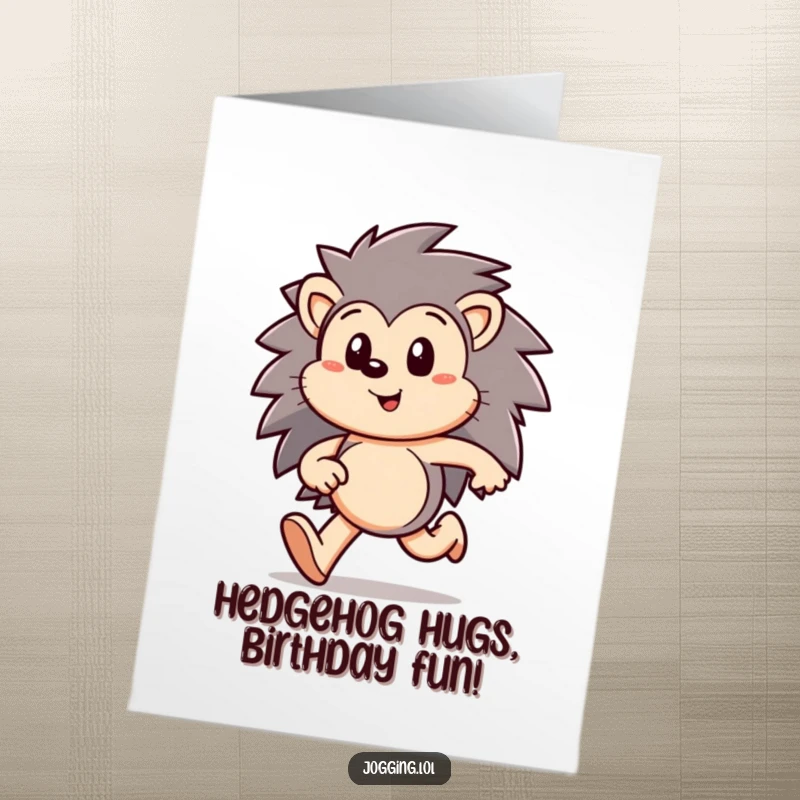 Funny Free Printable Birthday Card: A happy hedgehog running with intense focus and determination.