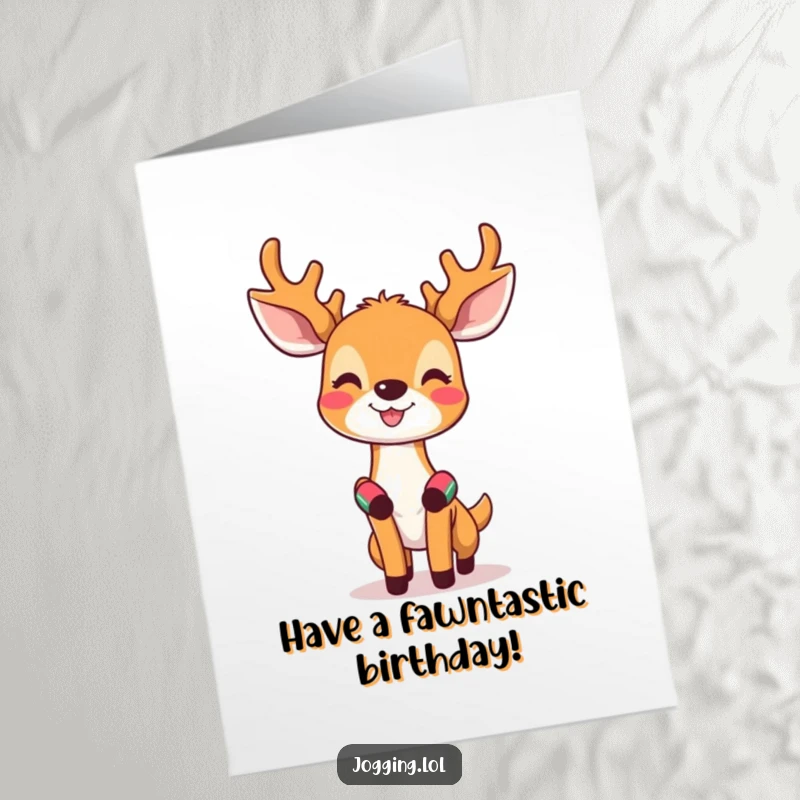 Funny Free Printable Birthday Card of a happy deer with tiny sweatbands looking invigorated while jogging.