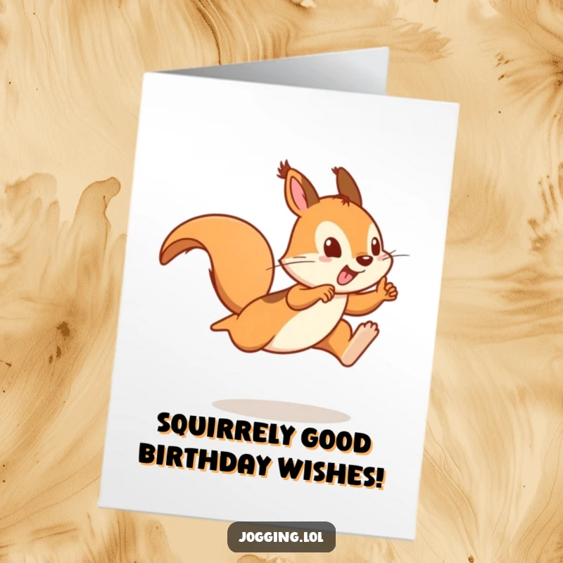Funny Free Printable Birthday Card featuring a playful squirrel sprinter mid-leap, a delightful downloadable gift.