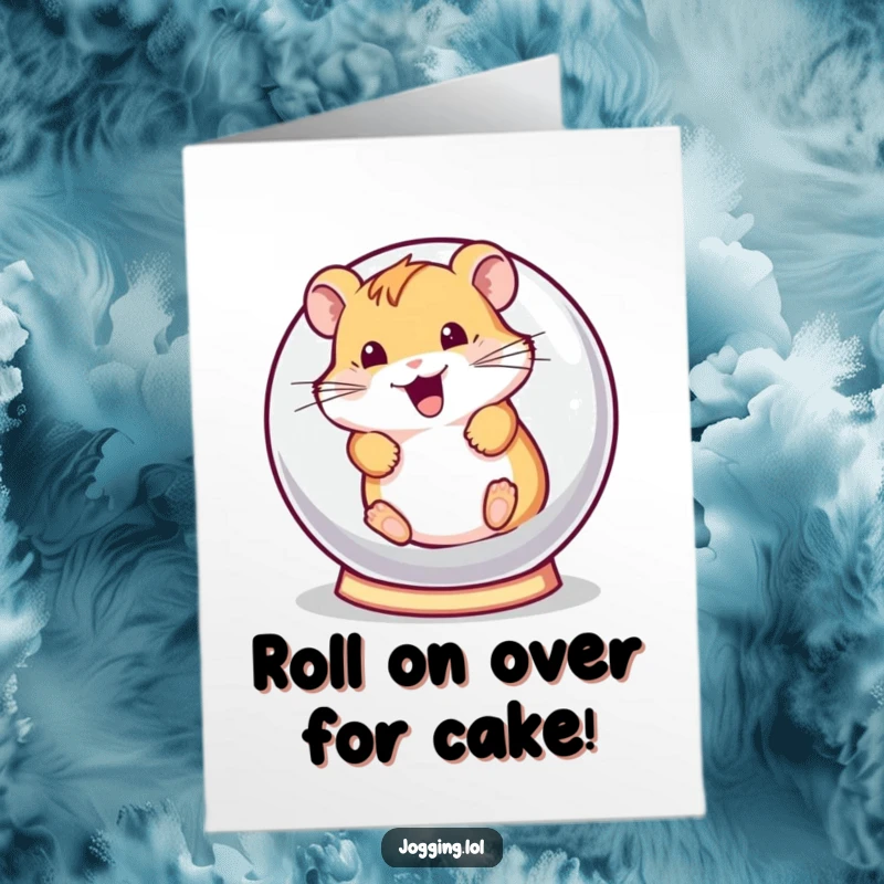 Funny Free Printable Birthday Card featuring a hamster joyfully rolling inside a tiny hamster ball, spreading birthday cheer.