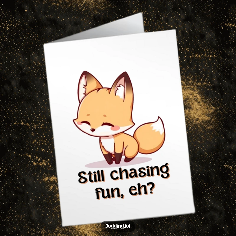Funny Free Printable Birthday Card: A winking fox playfully chasing its own shadow with mischievous delight.