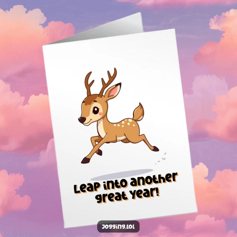 Funny Free Printable Deer Birthday Card featuring a determined deer jogger mid-leap, perfect for fitness enthusiasts.