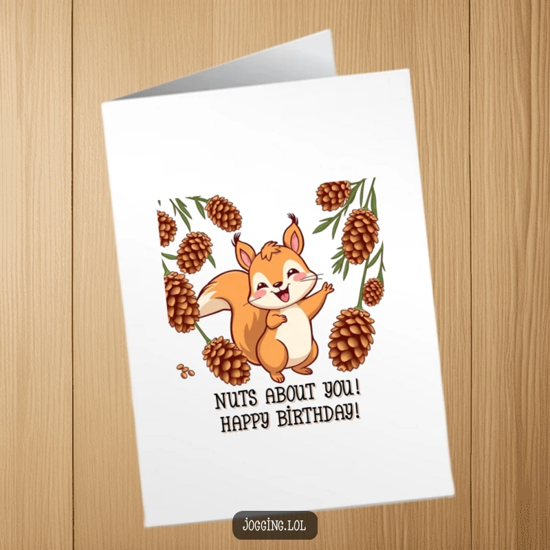Funny Free Printable Birthday Card: A jovial squirrel character weaves playfully between cones, celebrating with energetic fun.
