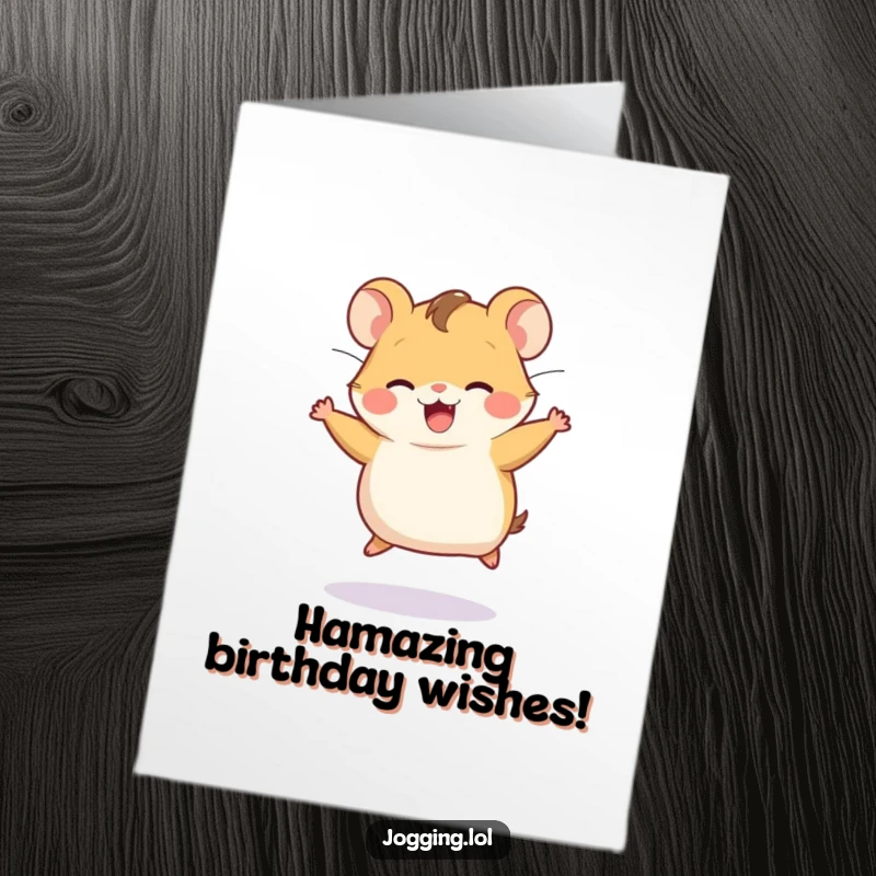 Funny Free Printable Birthday Card: Joyful hamster character running on an invisible wheel, perfect for birthdays.