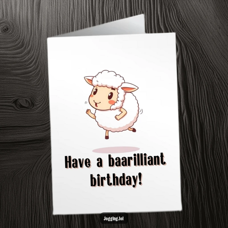 Funny Free Printable Birthday Card: Fluffy sheep comically jogs with a determined, happy grin, celebrating a birthday.