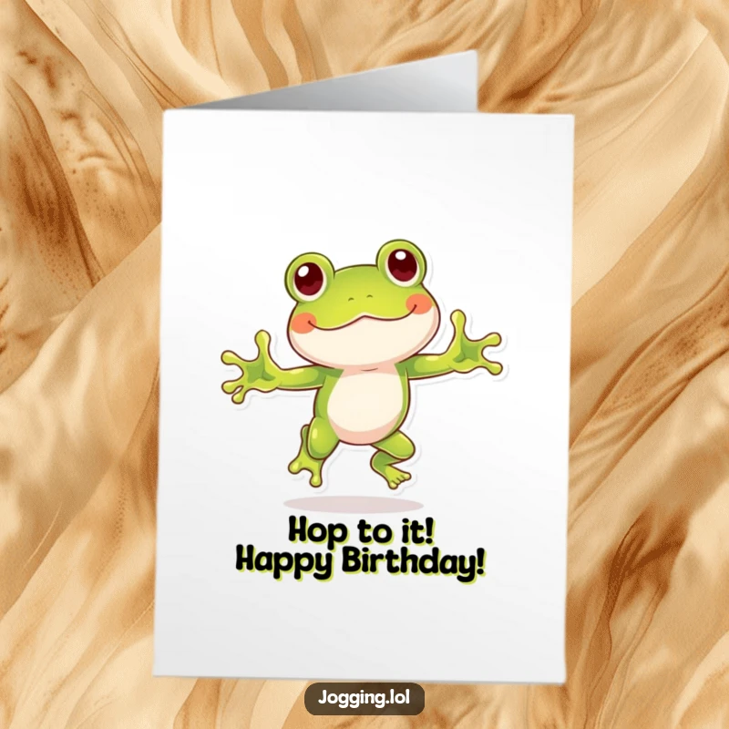 Funny Free Printable Birthday Card featuring a playful frog hopping enthusiastically, ready to deliver joyful birthday wishes with a grin.