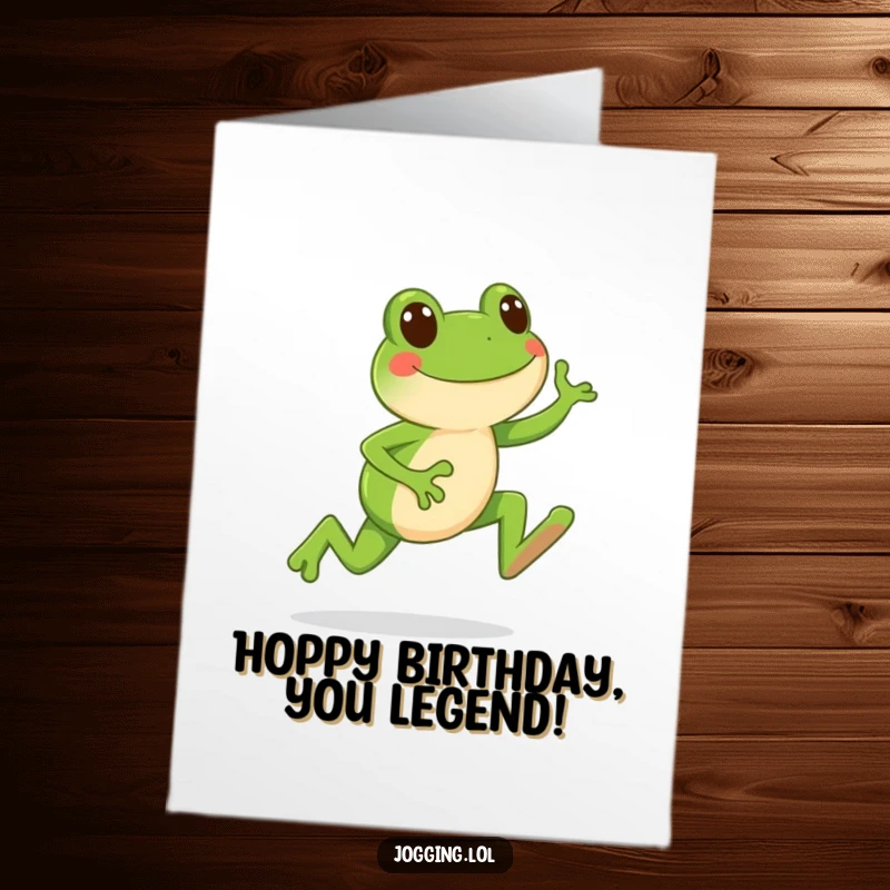 Funny Free Printable Birthday Card featuring a happy frog character leaping forward with energetic jogging strides and a wide smile.