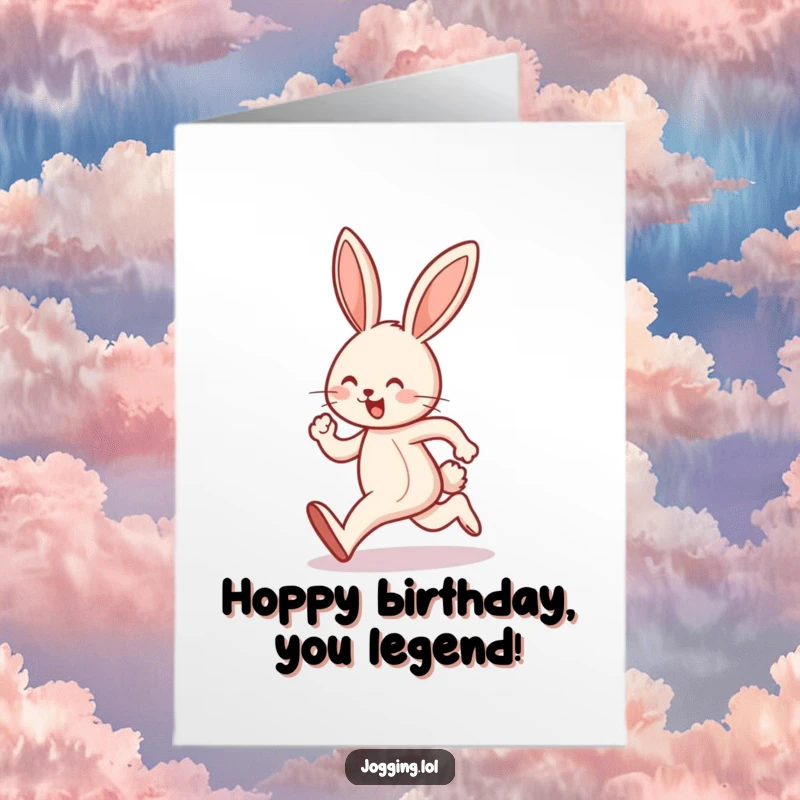Funny Free Printable Birthday Card: Joyful bunny character doing a little hop while jogging, spreading cheer.