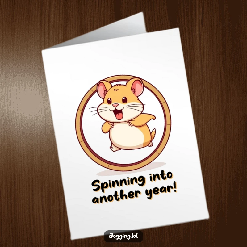 Funny Free Printable Birthday Card: Determined hamster character running vigorously on a hamster wheel, full of birthday spirit.