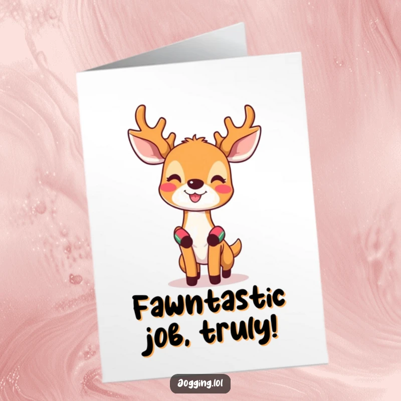 Funny Free Printable Congratulations Card showing a happy deer with tiny sweatbands looking invigorated while jogging.