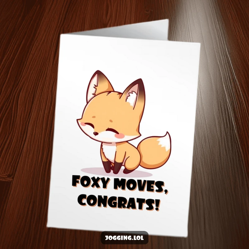 Funny Free Printable Congratulations Card: A winking fox playfully chasing its shadow, celebrating a win.