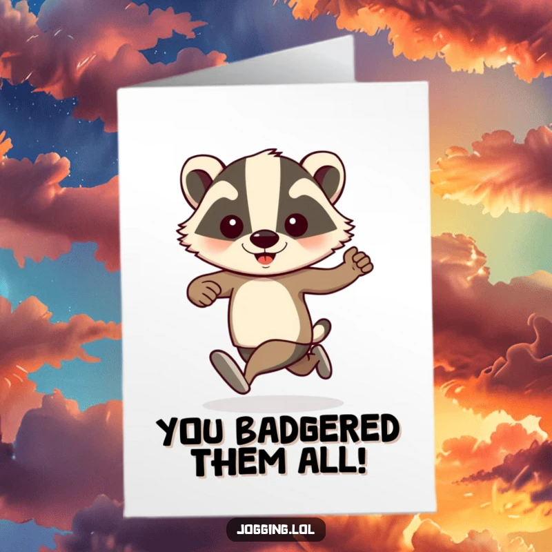 Funny Free Printable Badger Congratulations Card showing a badger jogger pumping arms with determined energy.