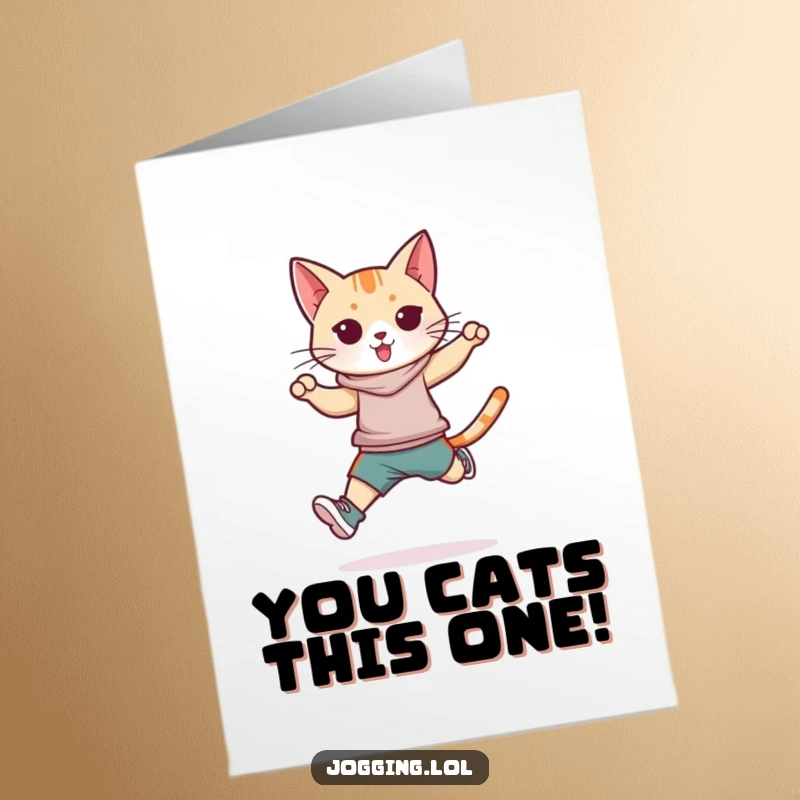 Funny Free Printable Congrats Card: Athletic cat in mid-air jump, showcasing speed and precision for your success.