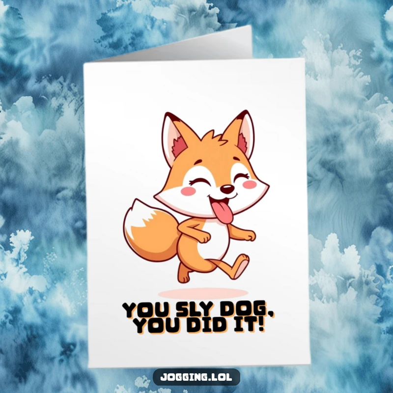 Funny Free Printable Congratulations Card featuring a cheerful fox jogging with its tongue playfully out, celebrating achievement.