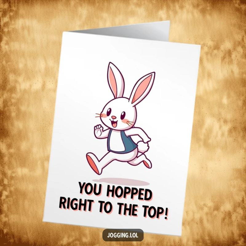 Funny Free Printable Congratulations Card showing a determined rabbit runner celebrating victory, a great downloadable gift.