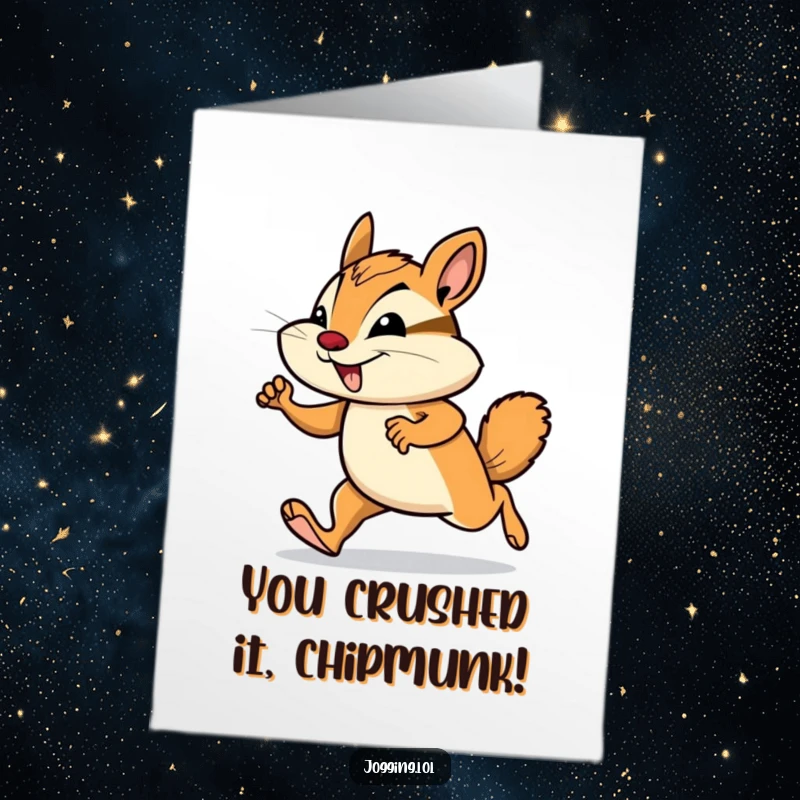 Funny Free Printable Congratulations Card showing a smiling chipmunk in a vigorous jogging pose, celebrating success with gusto.