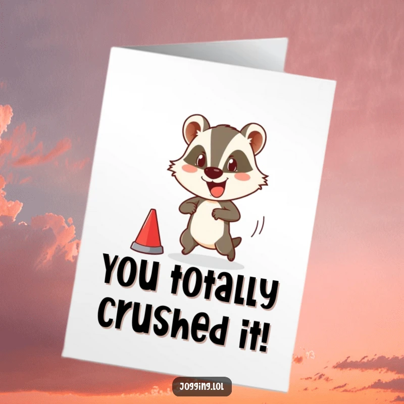 Funny Free Printable Congratulations Card showing a badger comically poised to start a race, symbolizing an exciting new beginning.