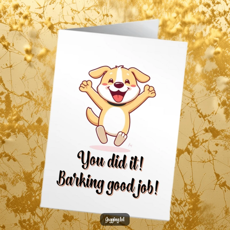 Funny Free Printable Congratulations Card: A determined dog sprints with pumping arms, signifying reaching goals with enthusiastic speed.