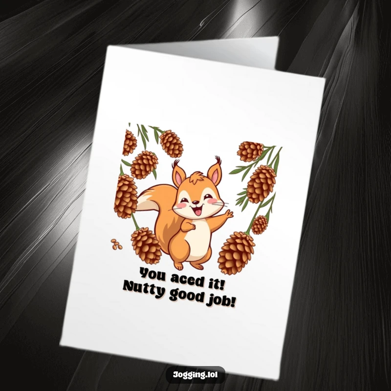 Funny Free Printable Congratulations Card: A jovial squirrel weaves playfully between cones, symbolizing skillful navigation and success.