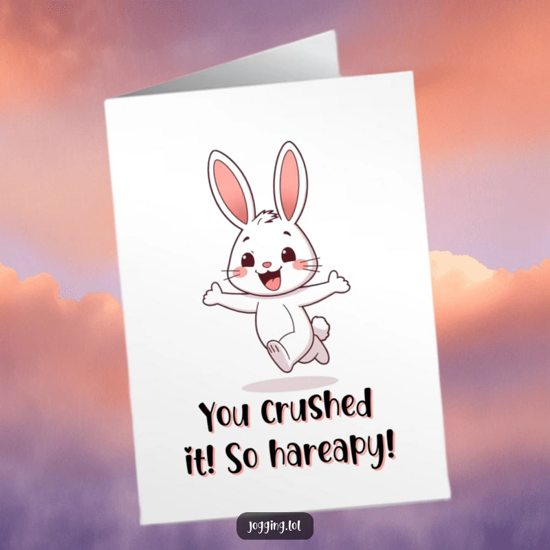 Funny Free Printable Congratulations Card: A cheerful rabbit jogs with an excited grin, celebrating success with happy, energetic strides.