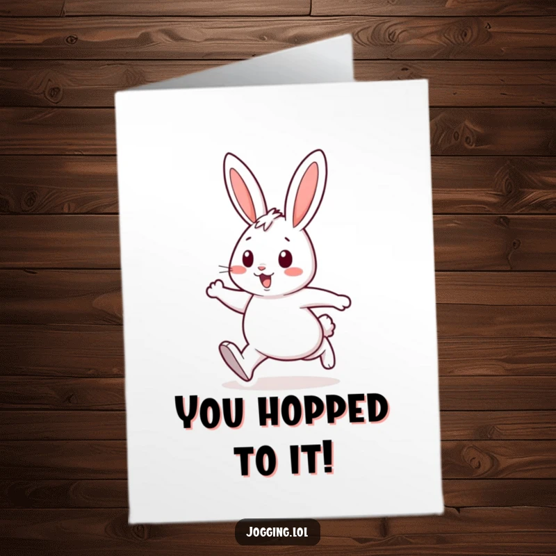Funny Free Printable Congrats Card: Cheerful rabbit character running energetically, celebrating success with a playful bounce.