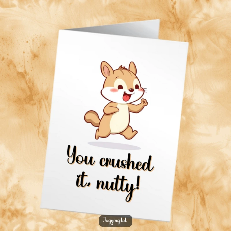 Funny Free Printable Congratulations Card with a cheerful squirrel pumping its tiny arms vigorously while jogging.