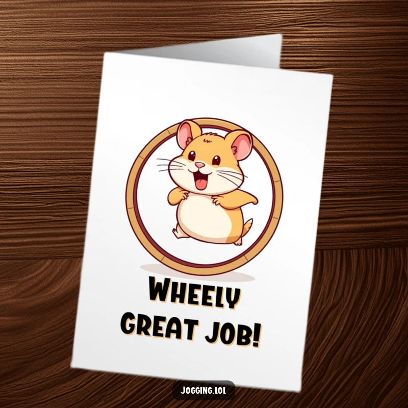 Funny Free Printable Congratulations Card: Determined hamster character on a wheel, celebrating a vigorous effort and success.