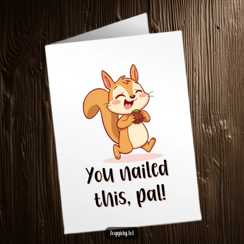 Funny Free Printable Congratulations Card: A happy squirrel jogging with plump cheeks, ready to celebrate achievements.