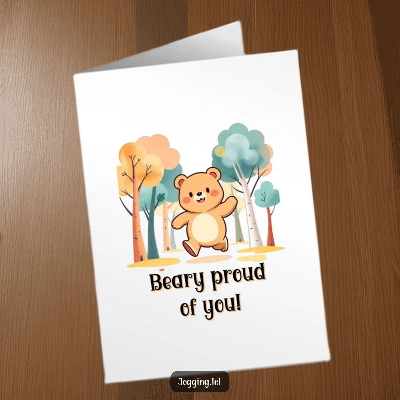 Funny Free Printable Congratulations Card: Jubilant bear character jogging through abstract trees, celebrating an achievement.