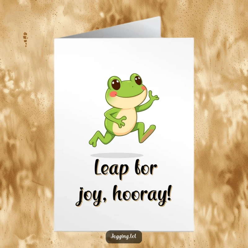 Funny Free Printable Congratulations Card showing a happy frog character leaping forward joyfully, celebrating a great achievement.