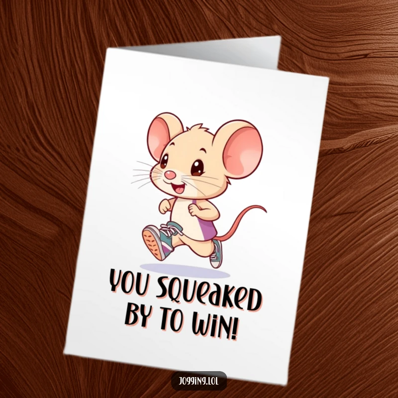Funny Free Printable Mouse Congratulations Card showing a little mouse in tiny sneakers crossing a finish line.