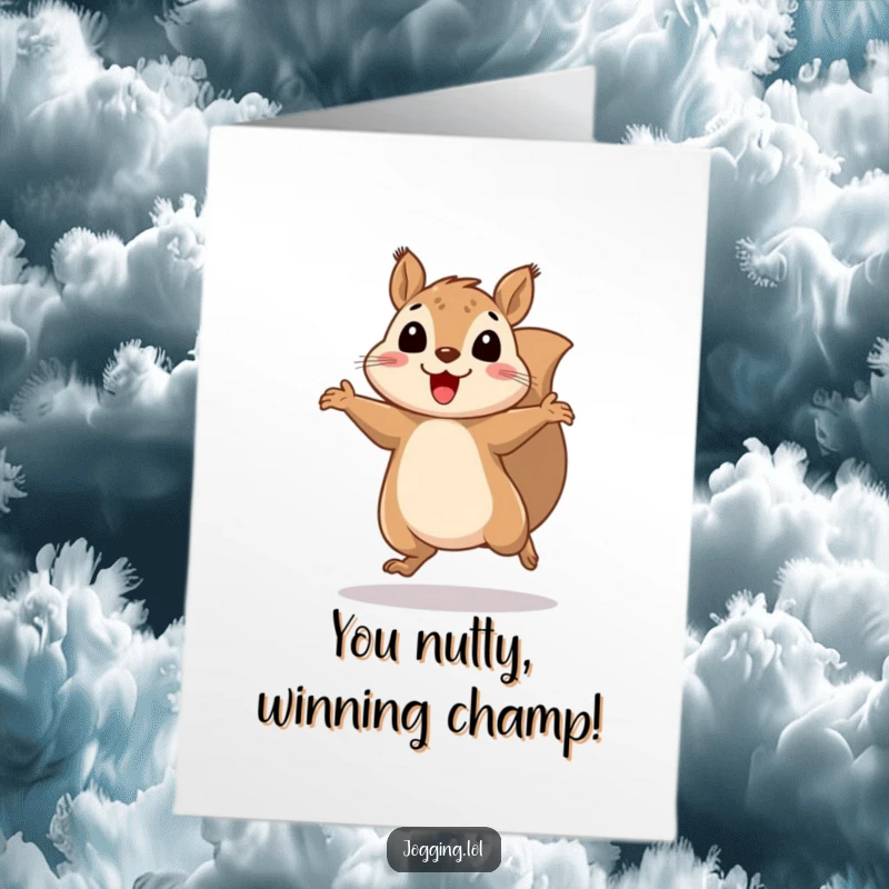 Funny Free Printable Congratulations Card showing a cheerful squirrel bouncing rapidly, celebrating a fantastic achievement with energetic motion.