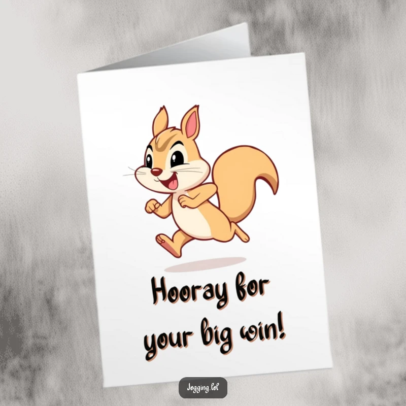 Funny Free Printable Congratulations Card featuring a joyful squirrel sprinting with determination, celebrating a successful outcome.