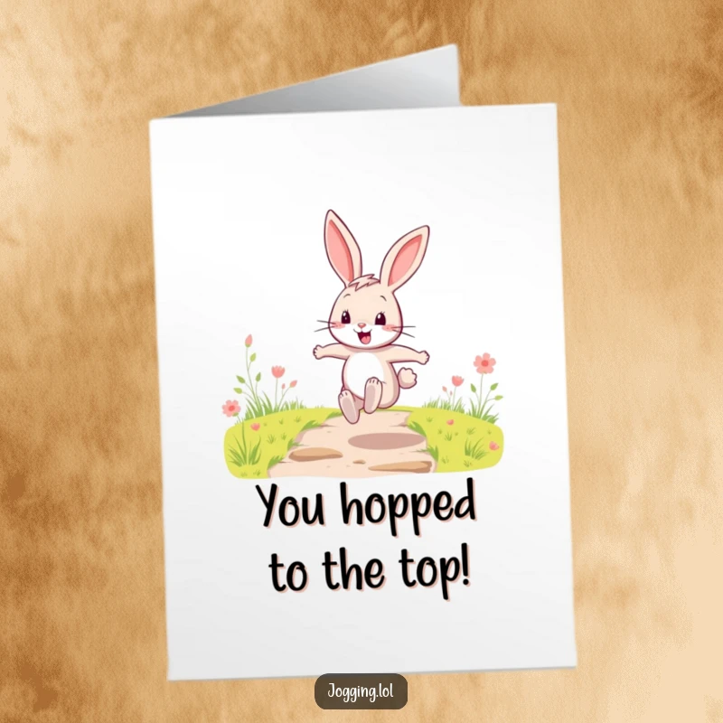 Funny Free Printable Congratulations Card with a happy cartoon rabbit leaping energetically along a path, celebrating success.
