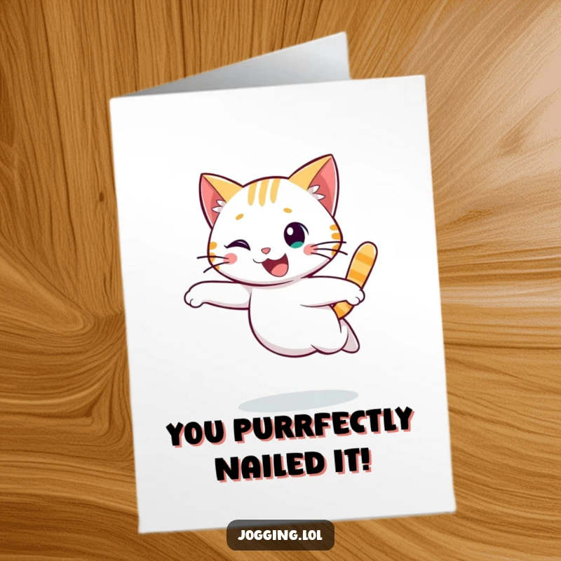 Funny Free Printable Congrats Card: A cheerful cat runs with graceful motion, celebrating achievements smoothly.