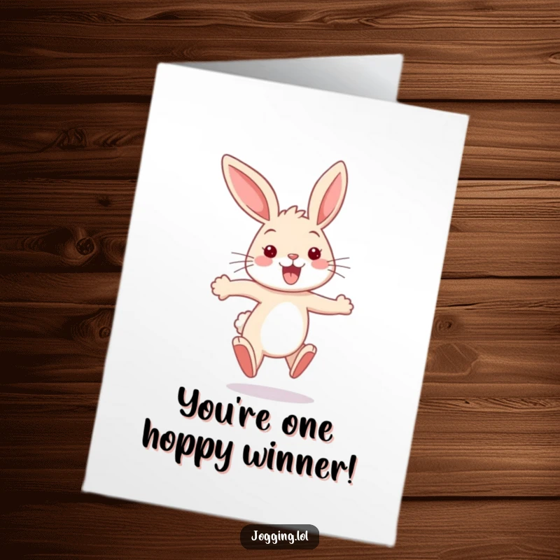 Funny Free Printable Congratulations Card showing a bouncy bunny sprinting with a wide smile, celebrating a fabulous success.