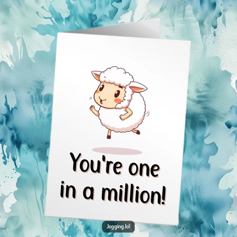 Funny Free Printable Congratulations Card: Fluffy sheep comically jogs happily, celebrating a major accomplishment.