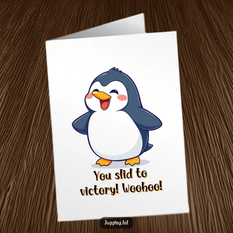 Funny Free Printable Congrats Card: A delighted penguin slides with a grin, celebrating achievements with icy enthusiasm.