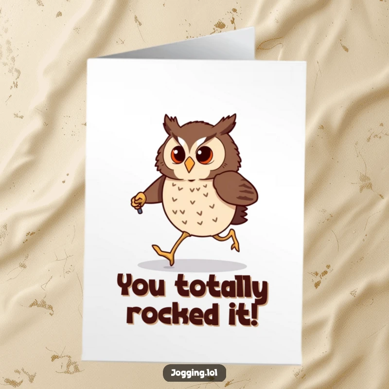 Funny Free Printable Congratulations Card: Determined owl comically jogs with tiny poles, celebrating an achievement accomplishment.