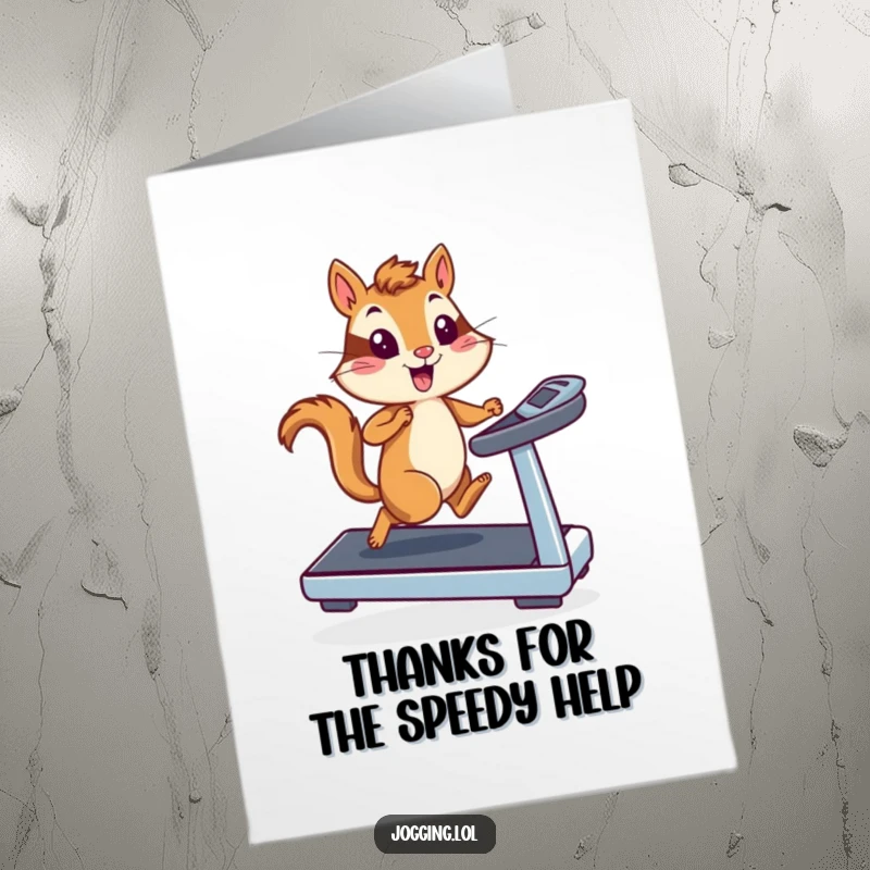 Funny Free Printable Chipmunk Thank You Card featuring an energetic chipmunk on a treadmill, offering thanks.