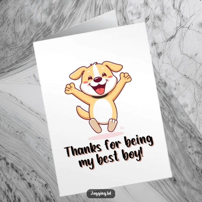 Funny Free Printable Thank You Card: A happy dog sprints energetically, arms pumping, to deliver a heartfelt and humorous thank you.