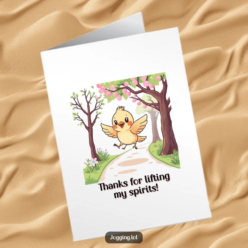 Funny Free Printable Thank You Card of a curious bird swooping playfully, perfect for sending thanks with a unique touch.