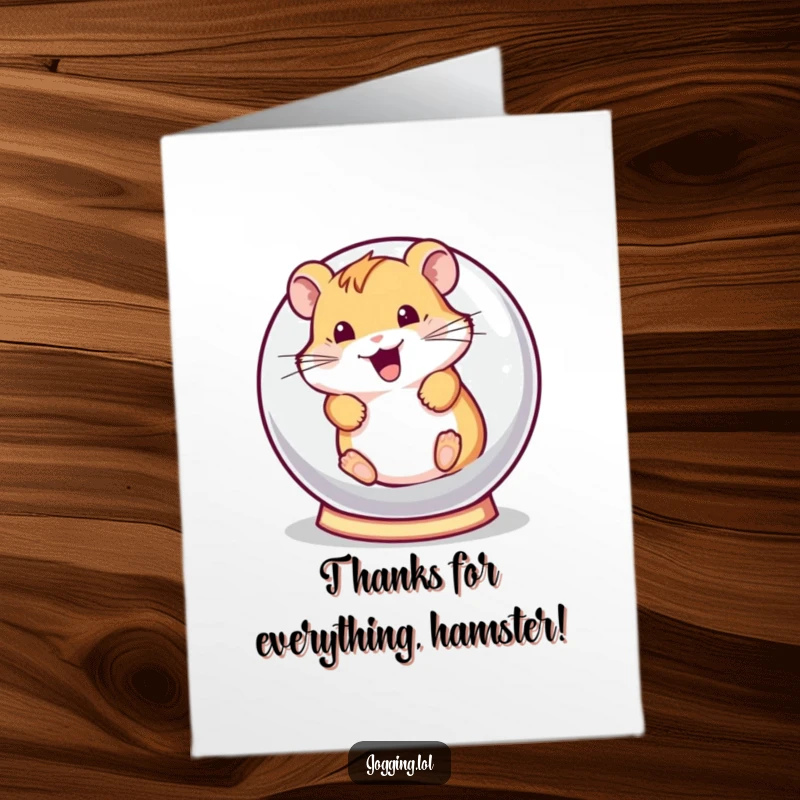 Funny Free Printable Thank You Card of a hamster enthusiastically rolling in its ball, conveying heartfelt thanks with humor.