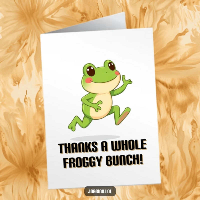 Funny Free Printable Thank You Card of a happy frog character mid-leap, conveying thanks with energetic joy.