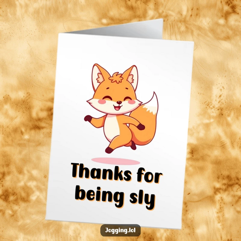 Funny Free Printable Thank You Card: Playful fox character dashing with a joyful bounce, conveying energetic thanks.