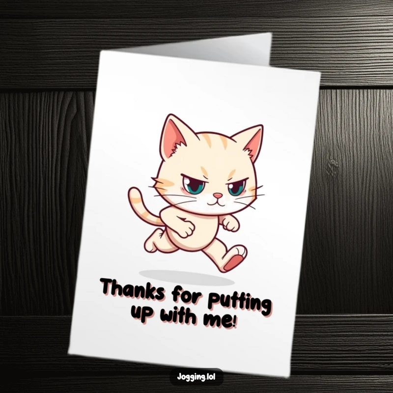 Funny Free Printable Thank You Card of a determined cat jogging with focused eyes, conveying sincere, focused thanks.